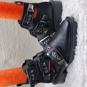 ASOS Design Antidote Black Leather Cut Out Three Buckle Chunky Heel Ankle Boot